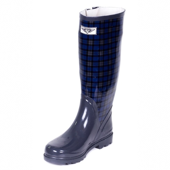 Women Rainboots, Blue Plaid Rubber Wellies Rain Boots, NEW - Picture 2 of 3